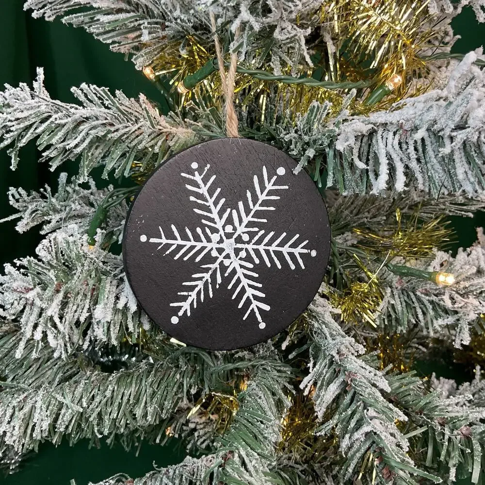 Set of 3 Black Wood Snowflake Christmas Ornaments Painted White Rustic